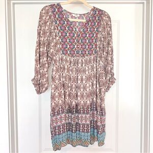 Boutique Umgee Boho Babydoll Dress Women Size M Brown Blue Geometric Long Sleeve